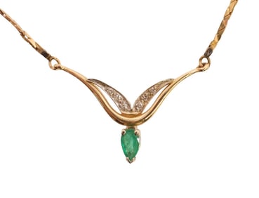ESTATE 14KT BICOLOR GOLD DIAMOND & EMERALD PENDANT NECKLACE