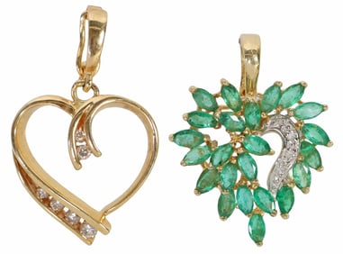 (2) ESTATE 14KT YELLOW GOLD & DIAMOND HEART-FORM ENHANCER PENDANTS