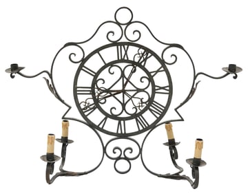 ITALIAN WROUGHT IRON CLOCK FACE MOTIF 6-LIGHT CHANDELIER