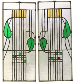 (2) ARTS & CRAFTS STYLE STAINED & LEADED GLASS WINDOW PANELS
