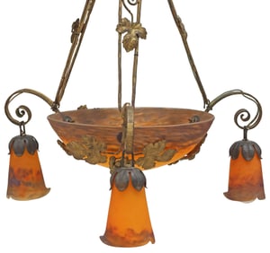 FRENCH MULLER FRERES ART NOUVEAU IRON & ART GLASS 3-LT CHANDELIER