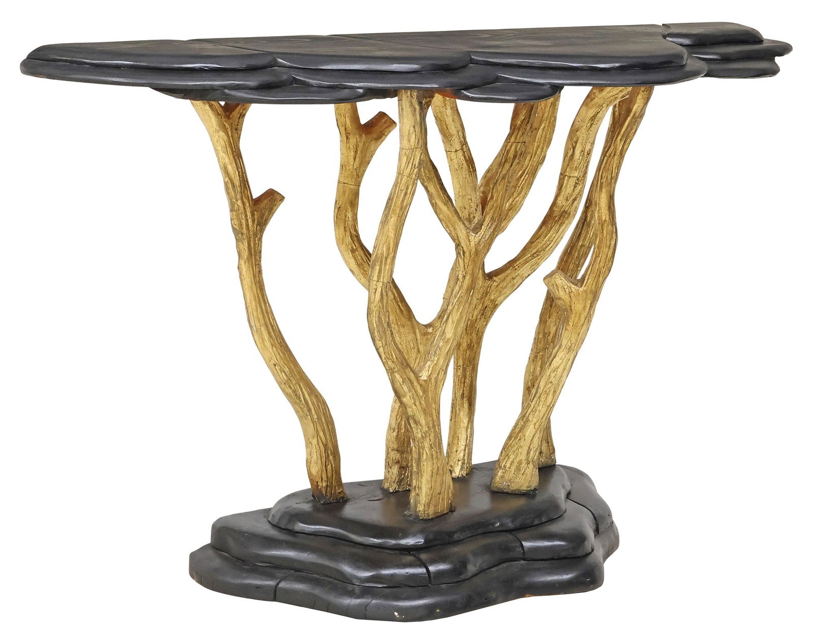 HOWL STUDIOS ATX CUSTOM TREE-FORM CONSOLE TABLE: Custom console table, Howl Studios, Austin, Texas, 2012, ebonized top with organic tiers, gilded supports modeled as tree branches, approx 32"h, 57.5"w, 16"d **Provenance: The contents of a luxury Tar