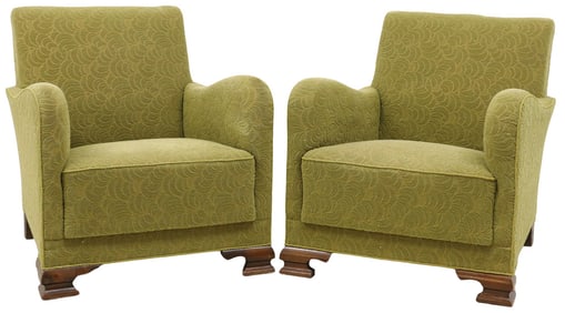 (2) SCANDINAVIAN ART DECO GREEN UPHOLSTERED CLUB CHAIRS