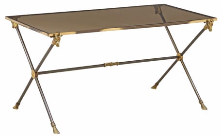 FRENCH MAISON RAMSEY STYLE GLASS-TOP IRON & BRASS COFFEE TABLE