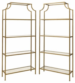 (2) CONTEMPORARY GOLD-PAINTED STEEL ETAGERES WITH GLASS SHELVES