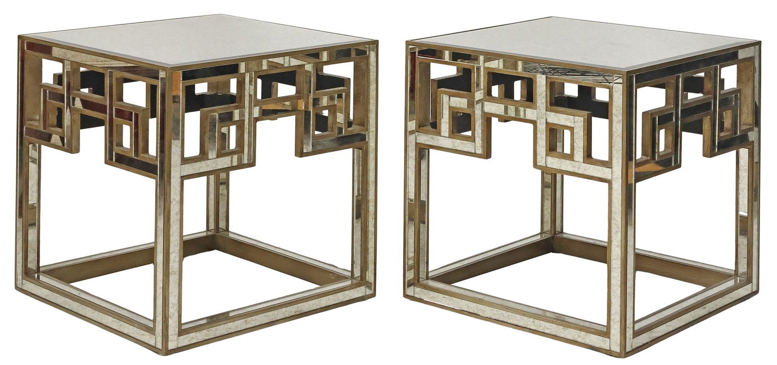 (2) CONTEMPORARY MIRROR-CLAD GREEK KEY SQUARE END TABLES: (pair) Contemporary mirror-clad side tables, 21st c., each having beveled square top, above conforming frame with Greek key motifs, clad in antiqued mirror plates, terminating on box stretcher, approx