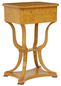 BIEDERMEIER STYLE PARCEL-EBONIZED BURLWOOD WORK TABLE