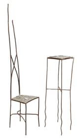 (2) ITALIAN MODERN IRON SCULPTURAL HIGHBACK CHAIR & STAND