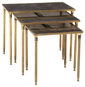 (3) JANSEN STYLE GILT-METAL & VERRE EGLOMISE NESTING TABLES
