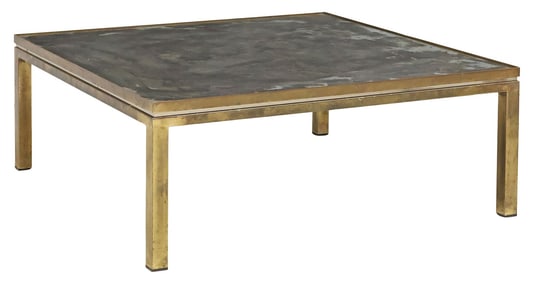 CONTEMPORARY VERRE EGLOMISE & GILT METAL SQUARE COFFEE TABLE