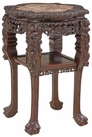 CHINESE MARBLE-TOP CARVED HARDWOOD SIDE TABLE