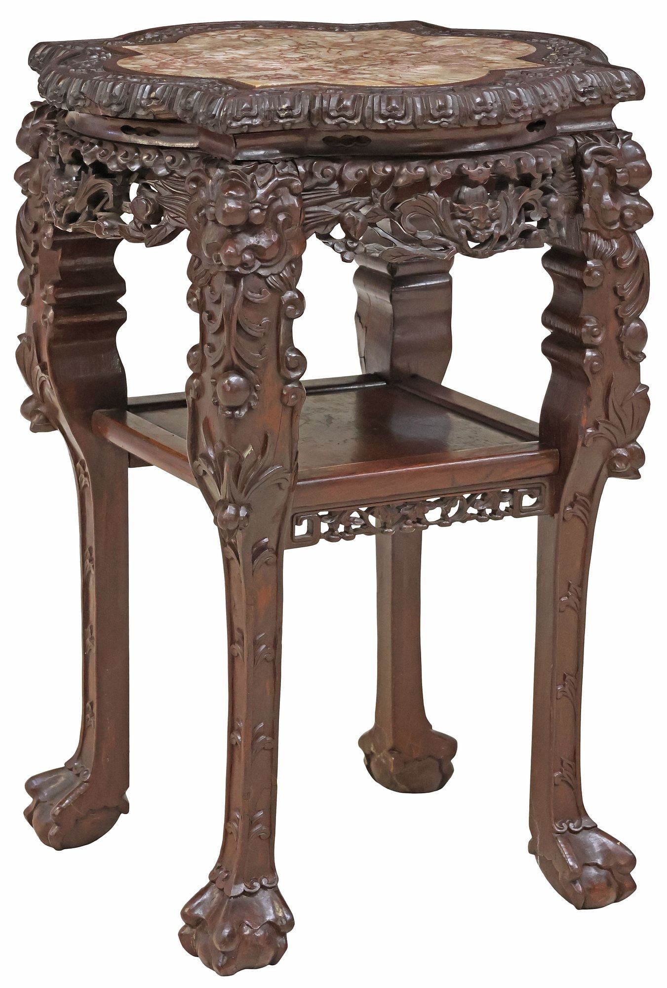 CHINESE MARBLE-TOP CARVED HARDWOOD SIDE TABLE (1 of 5)