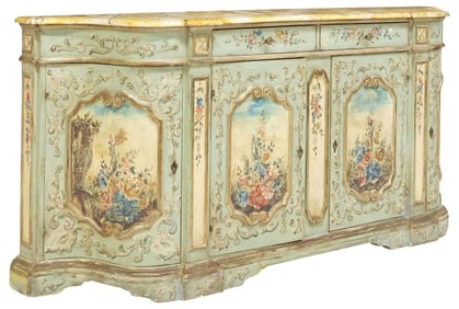 ITALIAN PAINT DECORATED SIDEBOARD WITH MARBLEIZED TOP