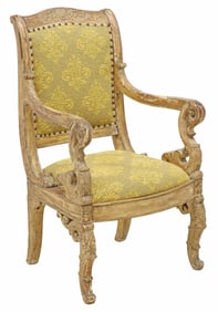 CONTINENTAL EMPIRE STYLE CARVED WOOD UPHOLSTERED ARMCHAIR