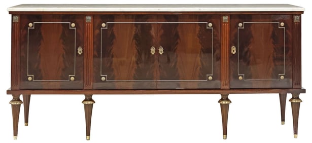 FRENCH LOUIS XVI STYLE MARBLE-TOP LACQUERED MAHOGANY SIDEBOARD