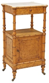 FRENCH MARBLE-TOP BIRD'S EYE MAPLE & FAUX BAMBOO NIGHTSTAND