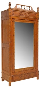 FRENCH PINE FAUX BAMBOO MIRRORED ARMOIRE