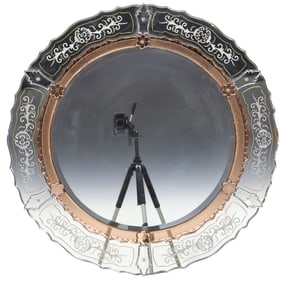 VENETIAN ETCHED & COLORED GLASS WALL MIRROR, 39.5"DIAM