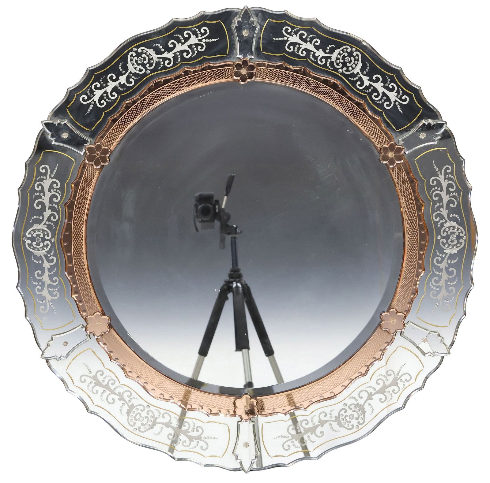 VENETIAN ETCHED & COLORED GLASS WALL MIRROR, 39.5"DIAM (1 of 2)