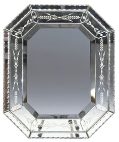 VENETIAN OCTAGONAL ETCHED & BEVELED GLASS WALL MIRROR