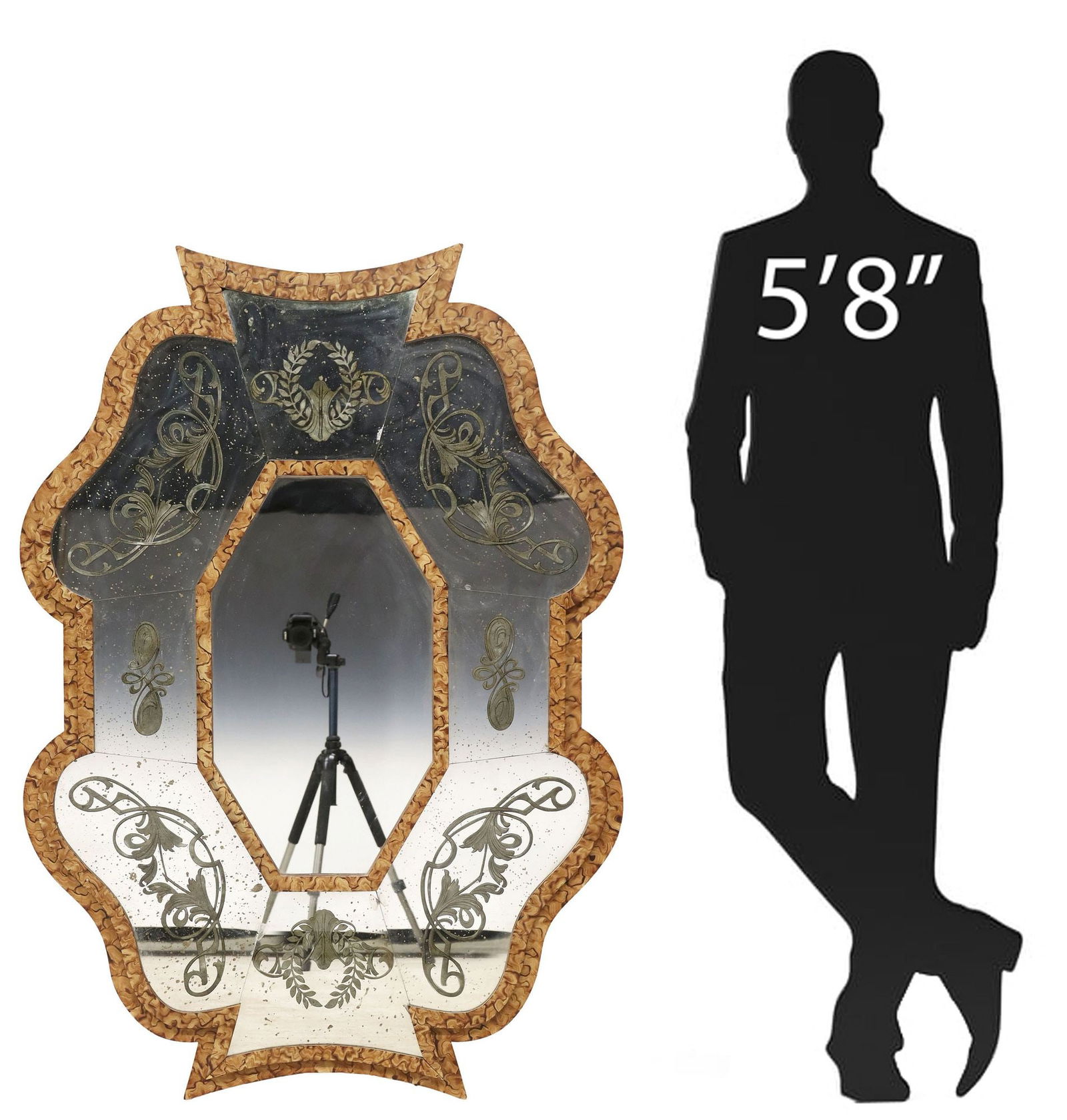 LARGE REVERSE-DECORATED MARGINAL MIRROR, 57"H X 40"W (1 of 3)