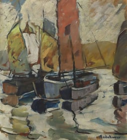 LORENE RODEHAVER McDERMOTT (1915-2007) PAINTING BOATS IN HARBOR