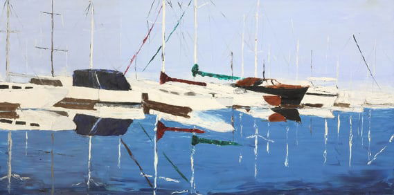WILL BRUNSON (20TH C.) PAINTING BOATS REFLECTED IN WATER