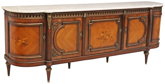 FRENCH LOUIS XVI STYLE MARBLE-TOP MARQUETRY SIDEBOARD, 105"L