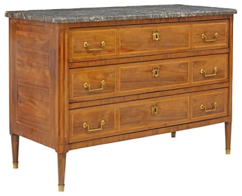 FRENCH NEOCLASSICAL MARBLE-TOP INLAID WALNUT COMMODE
