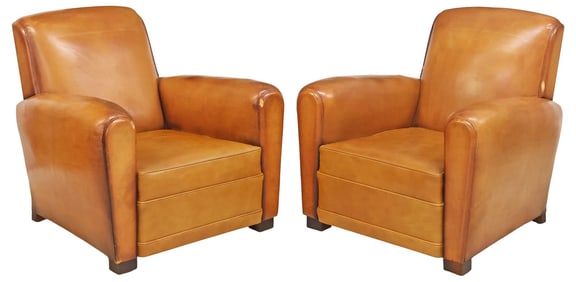 (2) FRENCH ART DECO PERIOD TAN LEATHER CLUB CHAIRS