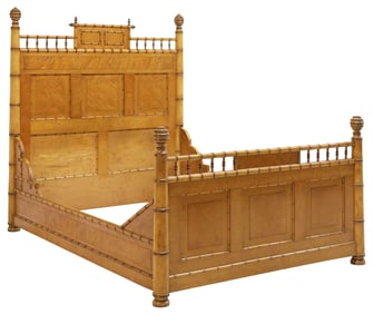 R.J. HORNER (ATTRIB.) VICTORIAN BIRD'S EYE MAPLE & FAUX BAMBOO BED