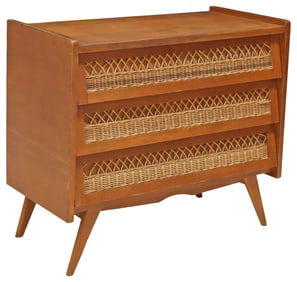 FRENCH MID-CENTURY MODERN OAK & RATTAN 3-DRAWER COMMODE