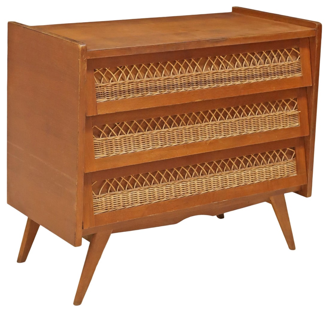 FRENCH MID-CENTURY MODERN OAK & RATTAN 3-DRAWER COMMODE (1 of 5)