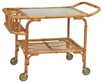 ITALIAN MID-CENTURY GLASS-TOP BAMBOO & RATTAN BAR CART