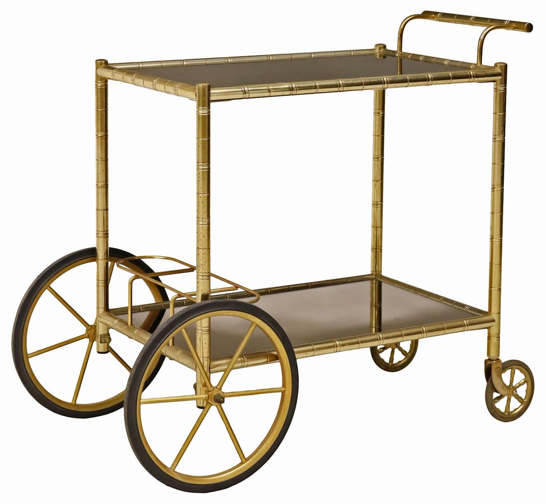 FRENCH GILT-METAL FAUX BAMBOO & SMOKED GLASS TROLLEY (1 of 4)