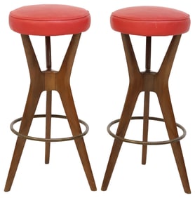 (2) ITALIAN MID-CENTURY MODERN TEAK BAR STOOLS