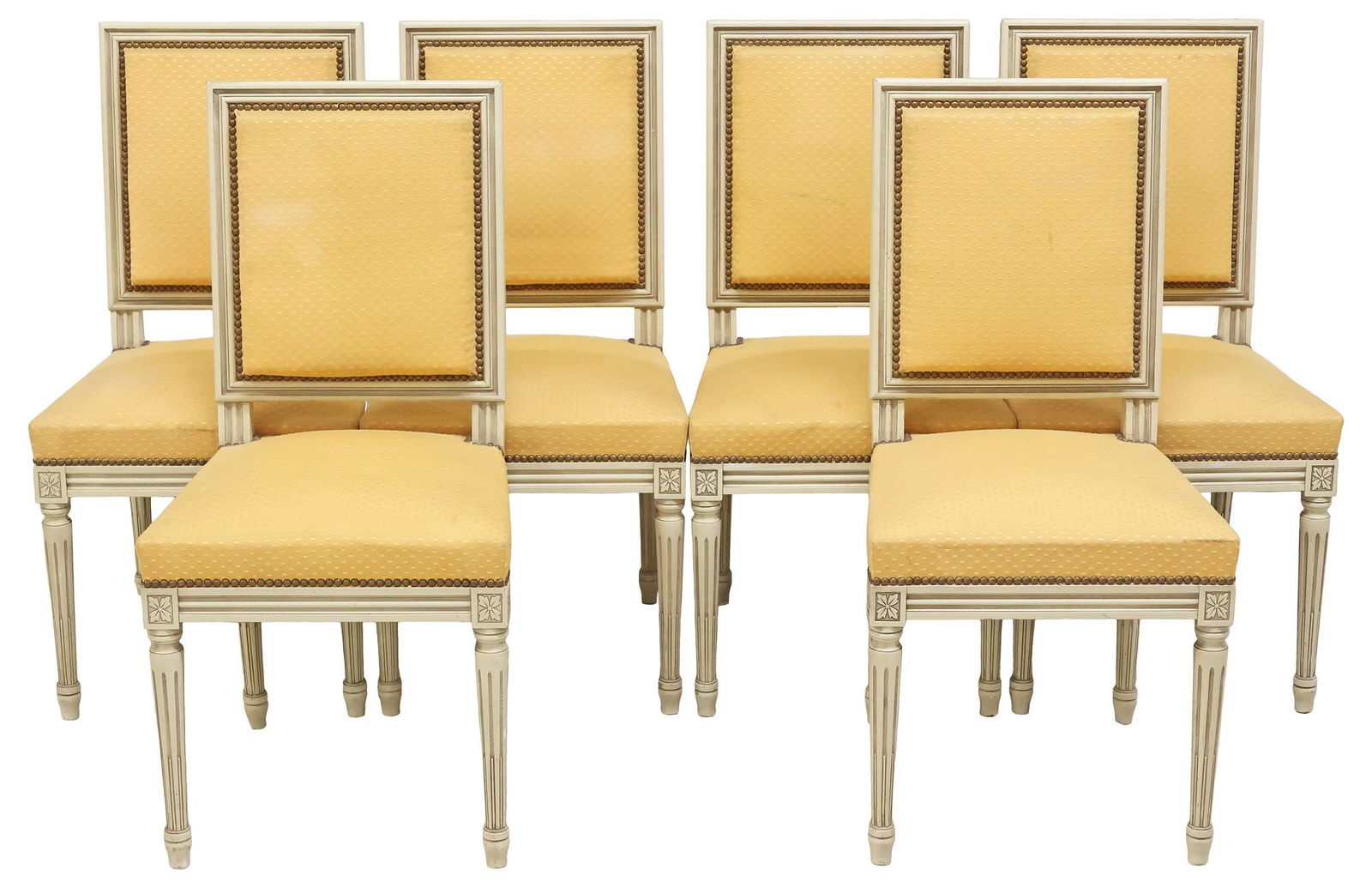 (6) FRENCH LOUIS XVI STYLE PAINTED DINING CHAIRS: (lot of 6) French Louis XVI style offwhite-painted side chairs, 20th c., each having a squared back and seat, in an orange upholstery, with padding and nailhead trim, rising on fluted tapering legs, e