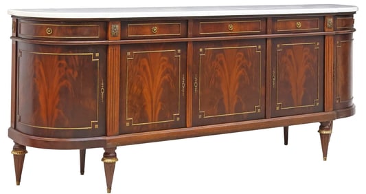 FRENCH LOUIS XVI STYLE MARBLE-TOP FLAME MAHOGANY SIDEBOARD