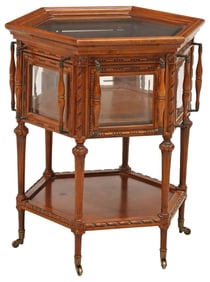 HEXAGONAL MAHOGANY TRAY-TOP TEA CABINET OR DISPLAY TABLE