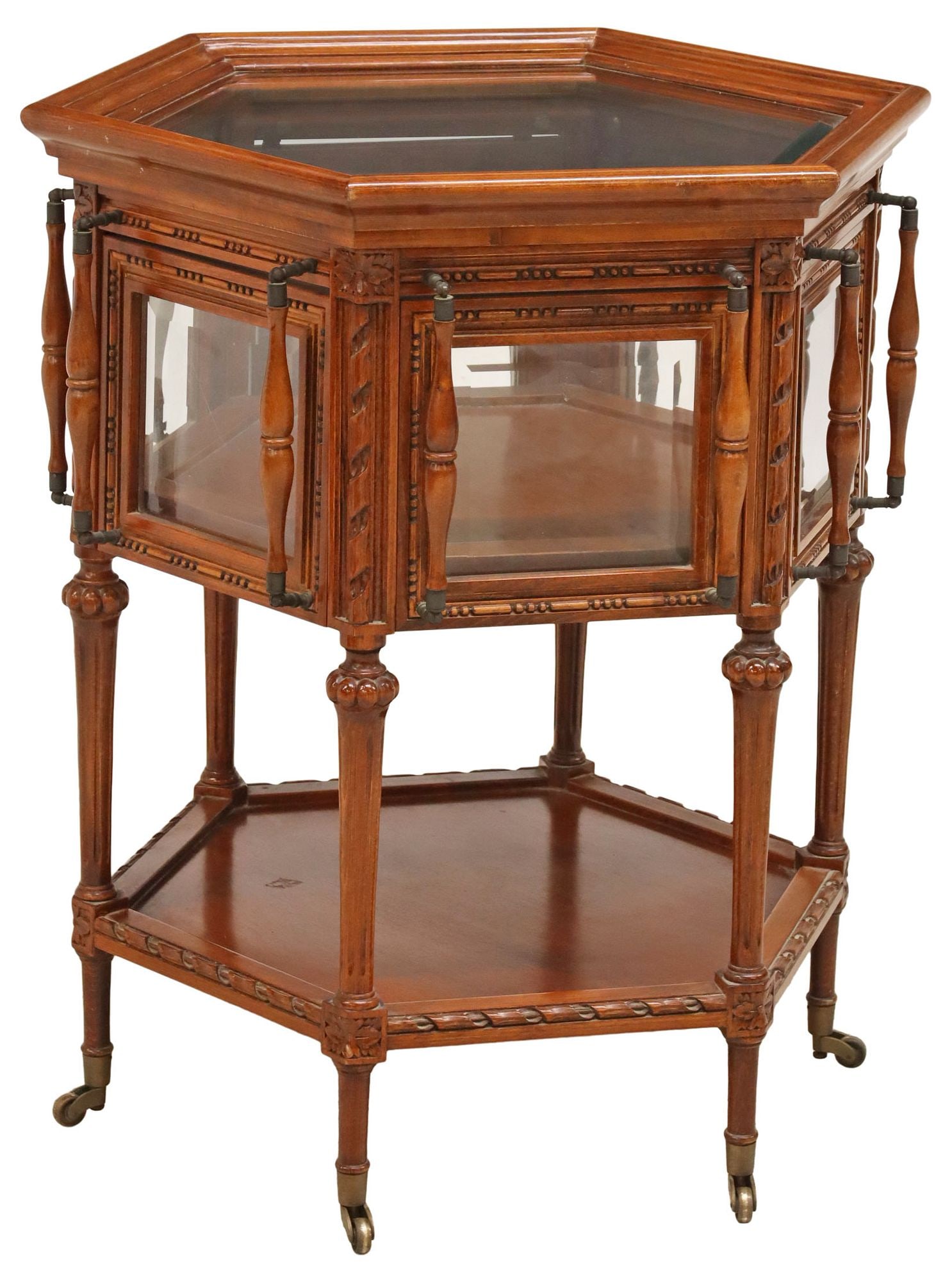 HEXAGONAL MAHOGANY TRAY-TOP TEA CABINET OR DISPLAY TABLE (1 of 7)