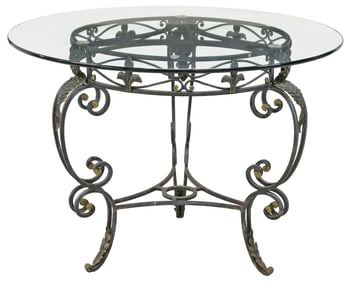 FRENCH GLASS-TOP PARCEL-GILT WROUGHT IRON GARDEN TABLE