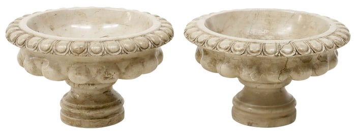 (2) CLASSICAL STYLE CARVED STONE GADROONED GARDEN URNS