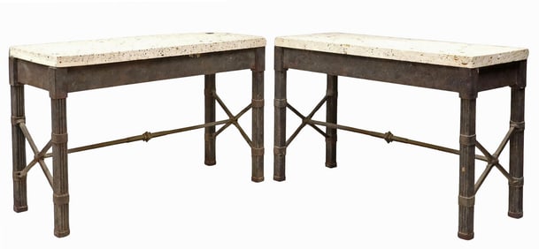 (2) IRON & FOSSILIFEROUS LIMESTONE CONSOLE TABLES