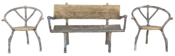 (3) FRENCH CAST STONE FAUX BOIS GARDEN BENCH & ARMCHAIRS