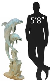 VERDIGRIS-PATINATED BRONZE FIGURAL DOLPHINS GARDEN FOUNTAIN, 48.5"H