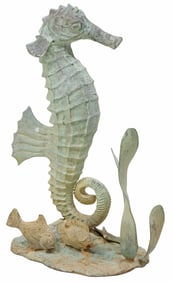 VERDIGRIS-PATINATED BRONZE FIGURAL SEAHORSE GARDEN FOUNTAIN, 32.5"H
