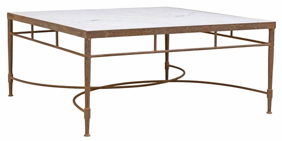 JANSEN STYLE MARBLE-TOP IRON OUTDOOR PATIO SQUARE COFFEE TABLE