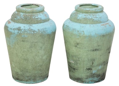 (2) TURQUOISE-PAINTED CAST STONE VASIFORM GARDEN PLANTERS