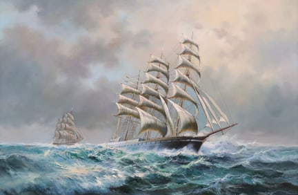 MATT THOMAS (B.1943) OIL PAINTING, SHIPS BEFORE THE STORM, 24" X 36"