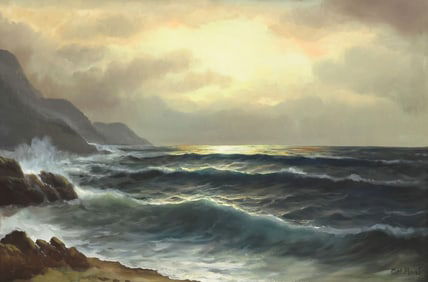 C.N. MAAS (20TH C.) OIL PAINTING DAYBREAK SEASCAPE, 24" X 36"